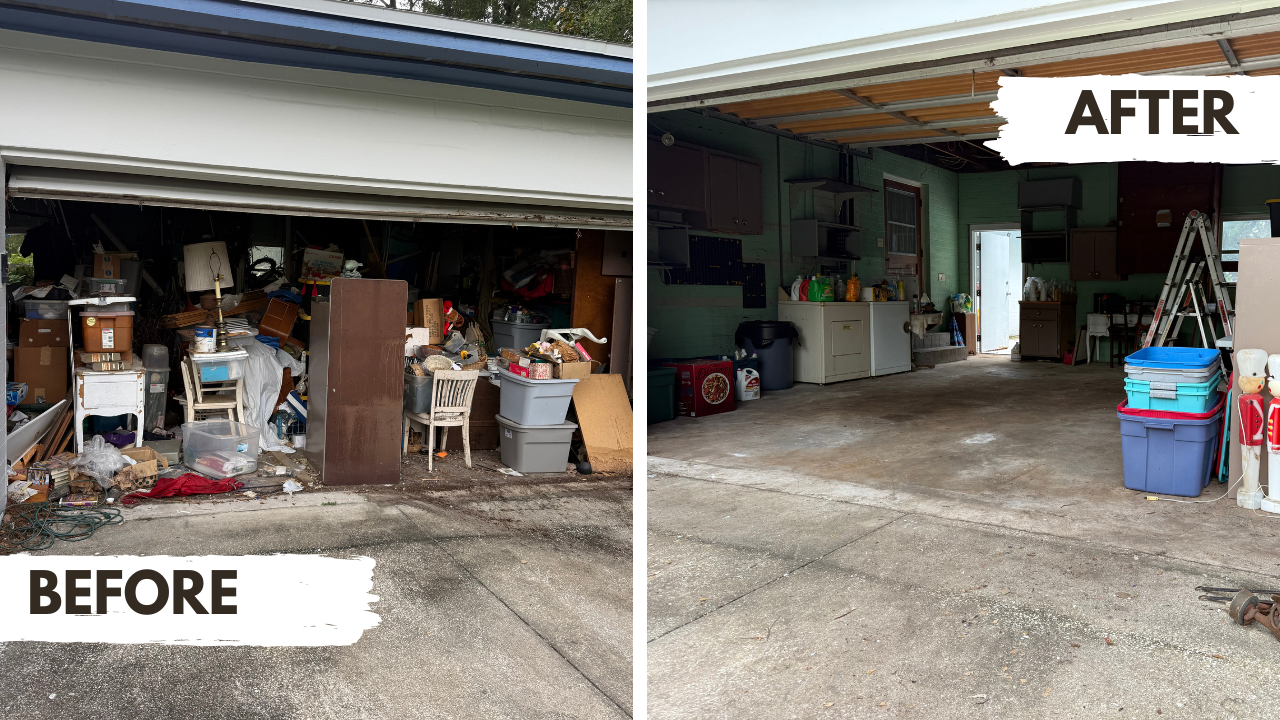 Before and after a garage cleanout in Gainesville, Florida