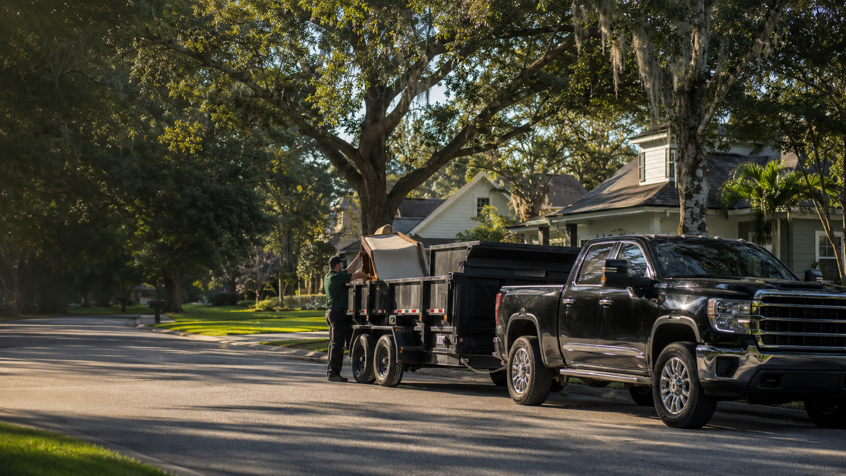 Professional dump trailer in a Gainesville residential neighborhood